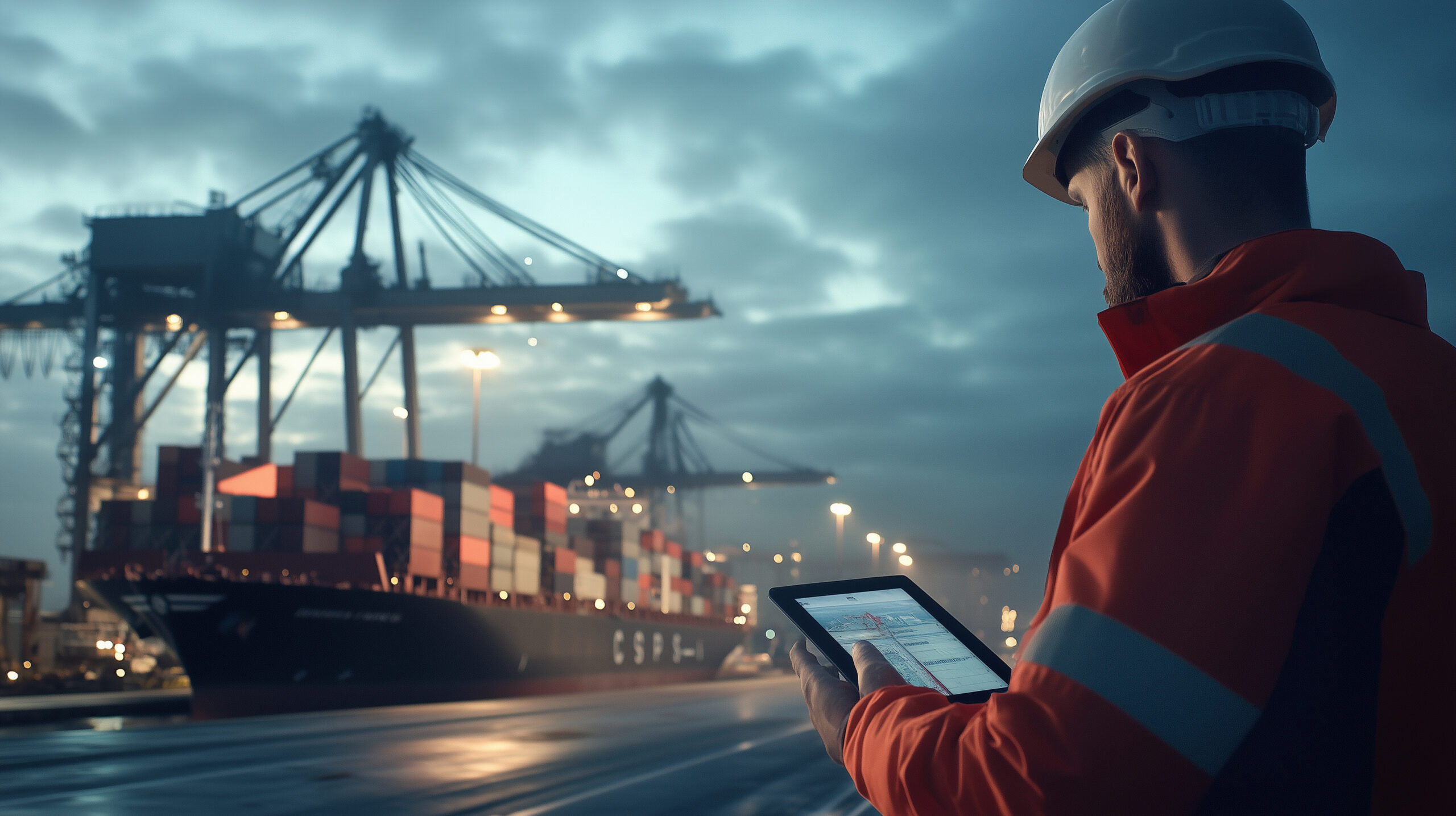 A cargo port worker using a tablet to monitor the loading of shipping containers onto a large vessel, while cranes and cargo trucks move in the background.